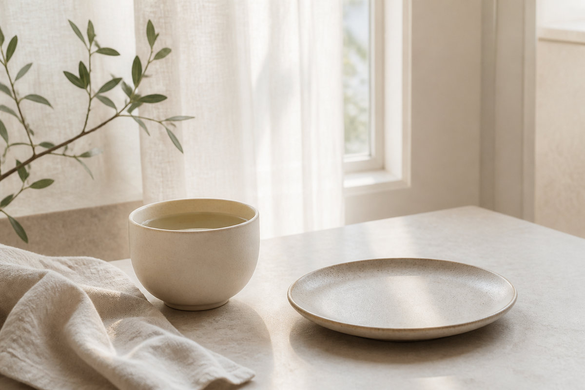 A cup of warm water and an empty ceramic plate representing a gentle intermittent fasting routine
