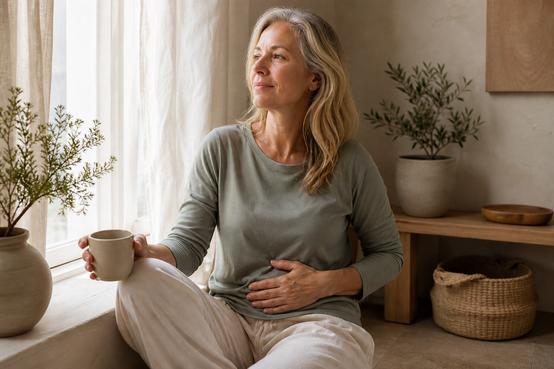 Woman in midlife relaxing with a warm drink beside a softly lit window.
