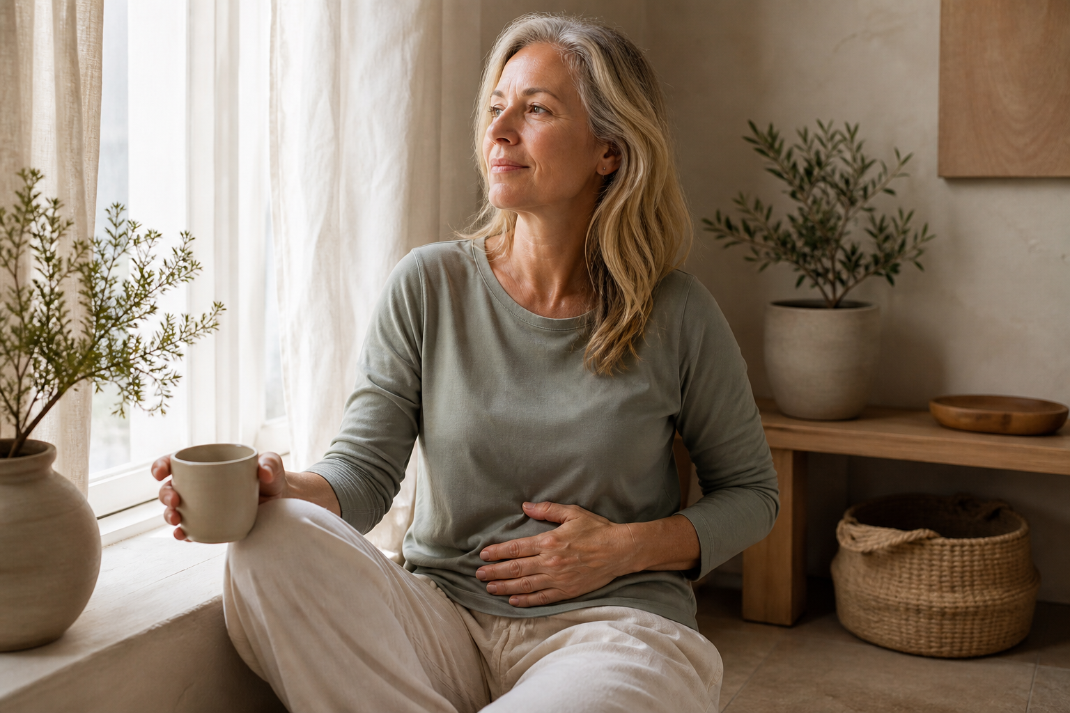Woman in midlife relaxing with a warm drink beside a softly lit window.